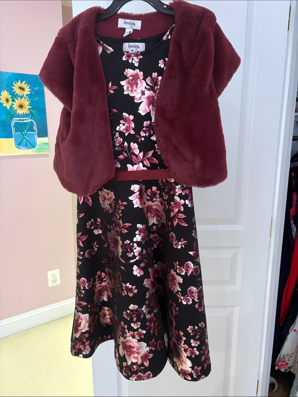 Speechless Black Floral Fit-and-Flare Dress with Burgundy Faux Fur Bolero
